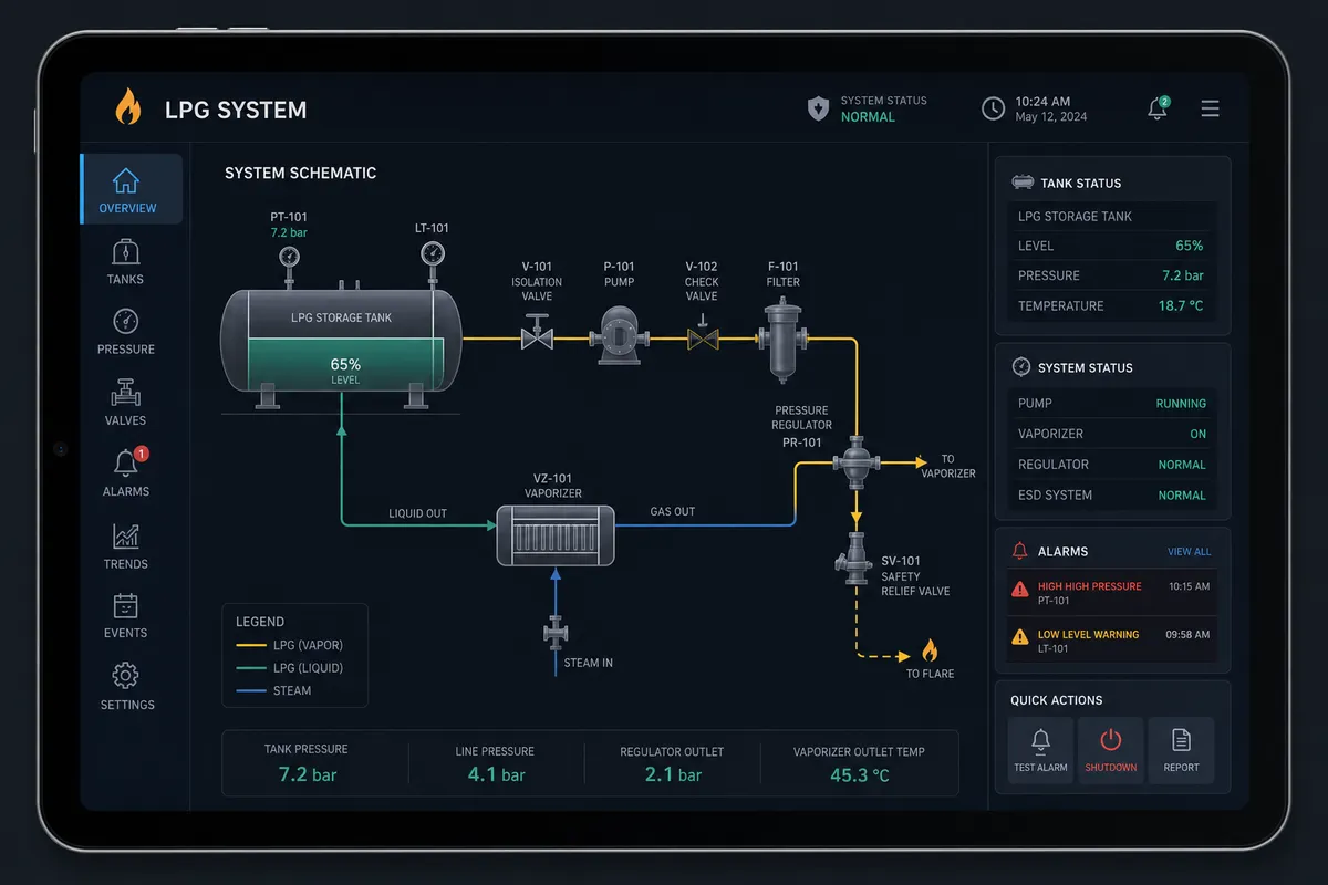Tablet showing abstract gas fuel program diagram without readable labels